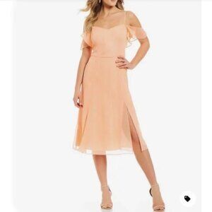 Halston peach gold metallic cold shoulder midi Georgette formal dress 12